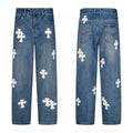 White cross patch jeans in mid blue