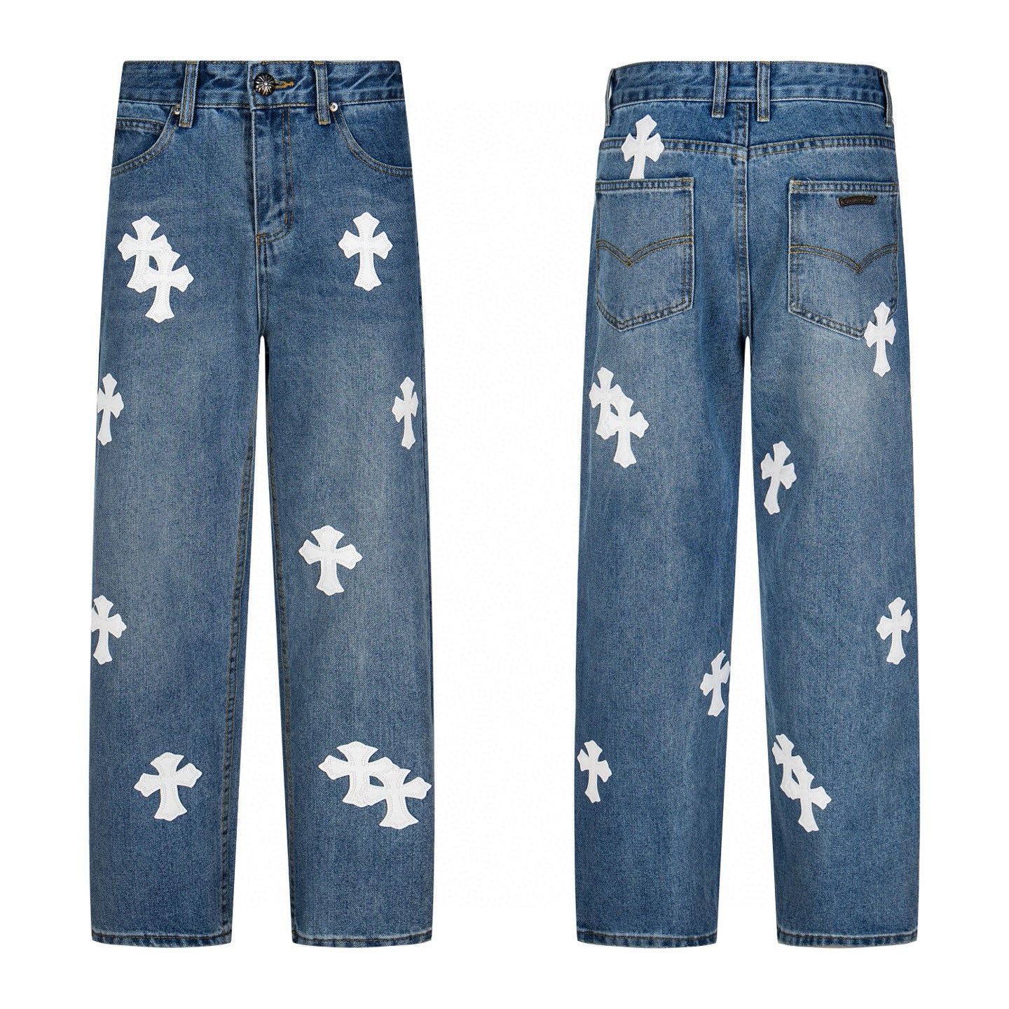 White cross patch jeans in mid blue