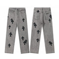 Black cross patch jeans in grey acid wash