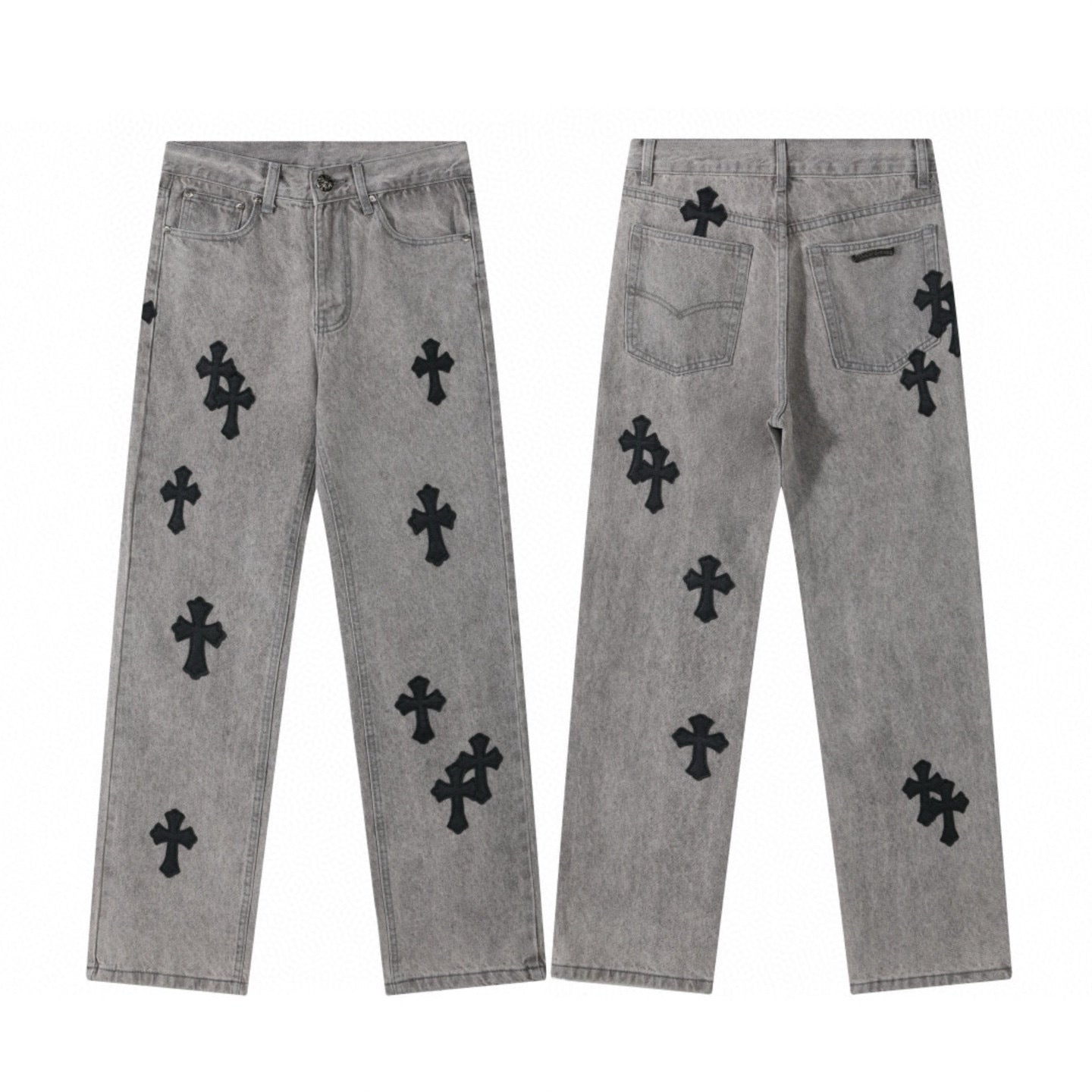 Black cross patch jeans in grey acid wash