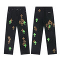 Green and leopard cross patch jeans in black
