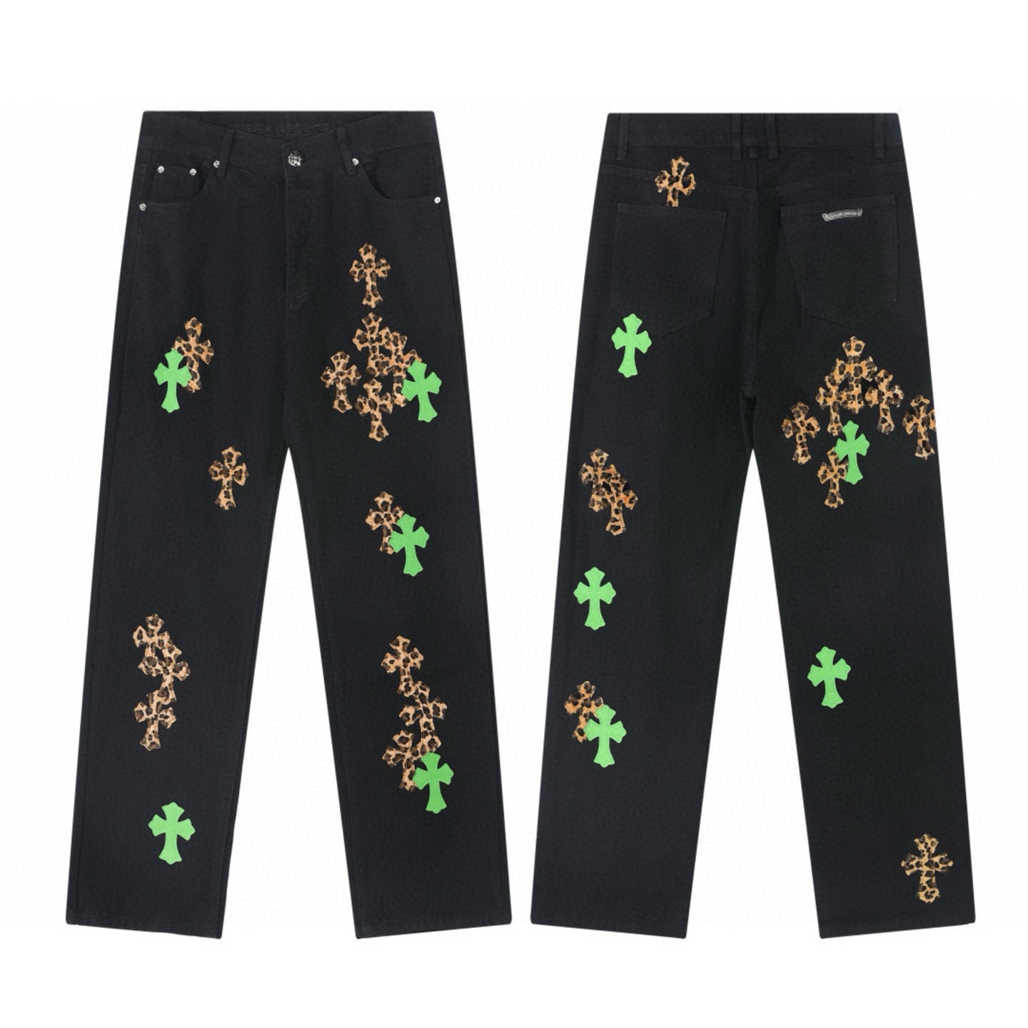 Green and leopard cross patch jeans in black
