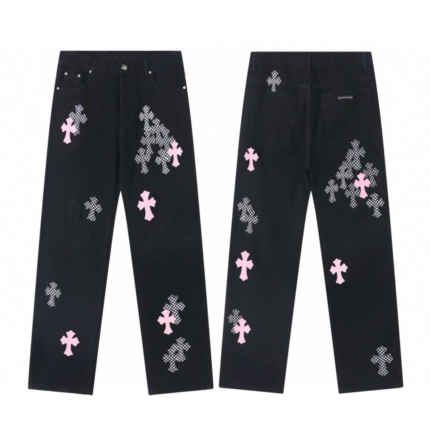 Pink and checkerboard cross patch jeans in black