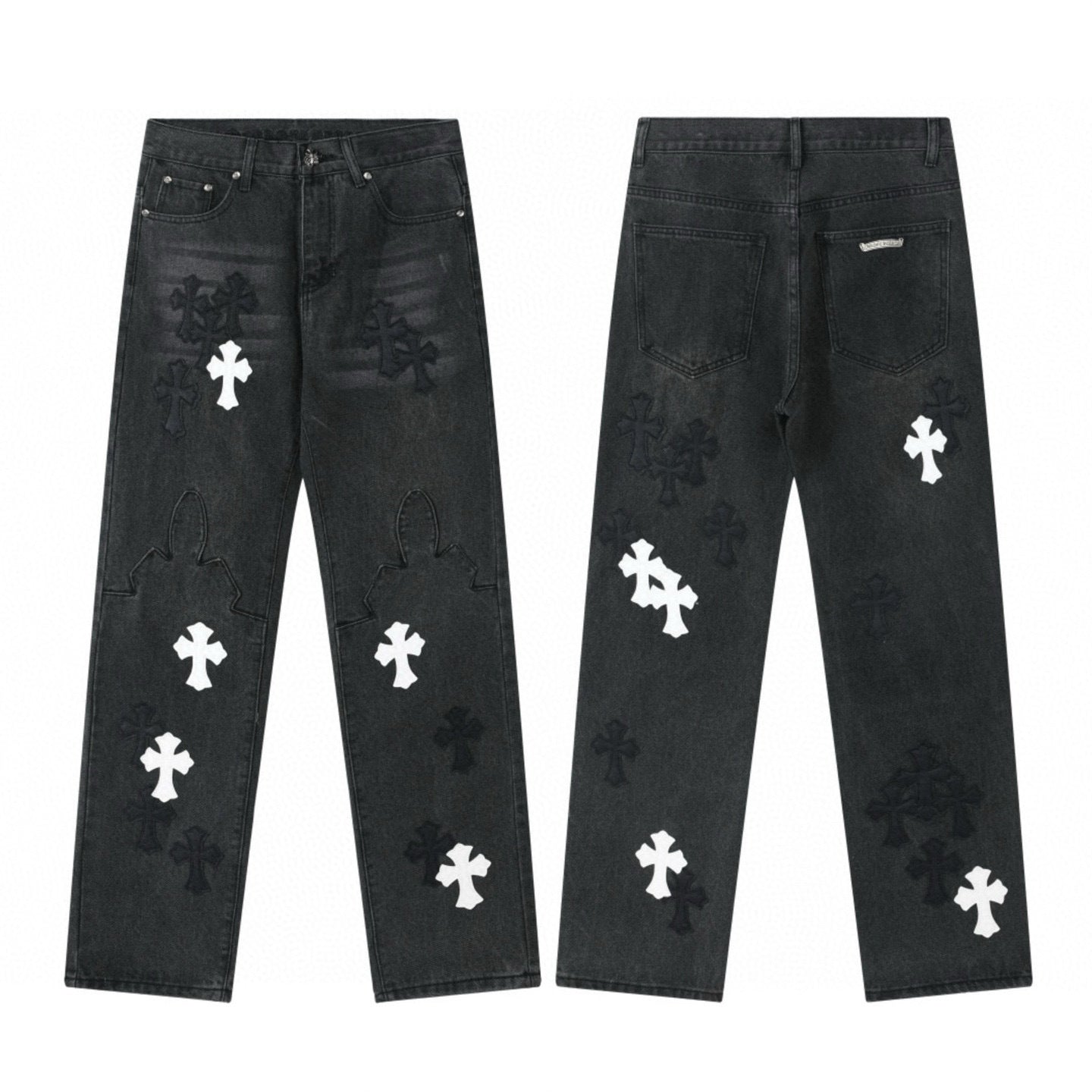 Black and white cross patch jeans in washed black