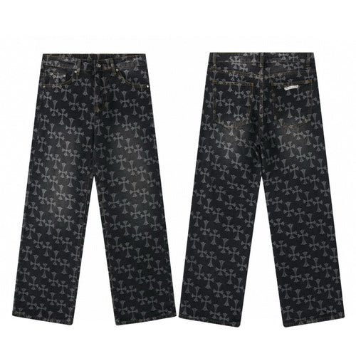 Allover cross monogram jeans in washed black