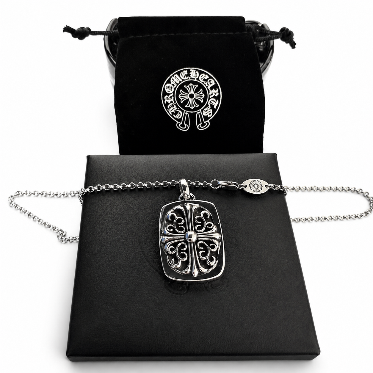 Filigree Cross Tag Chain — Silver