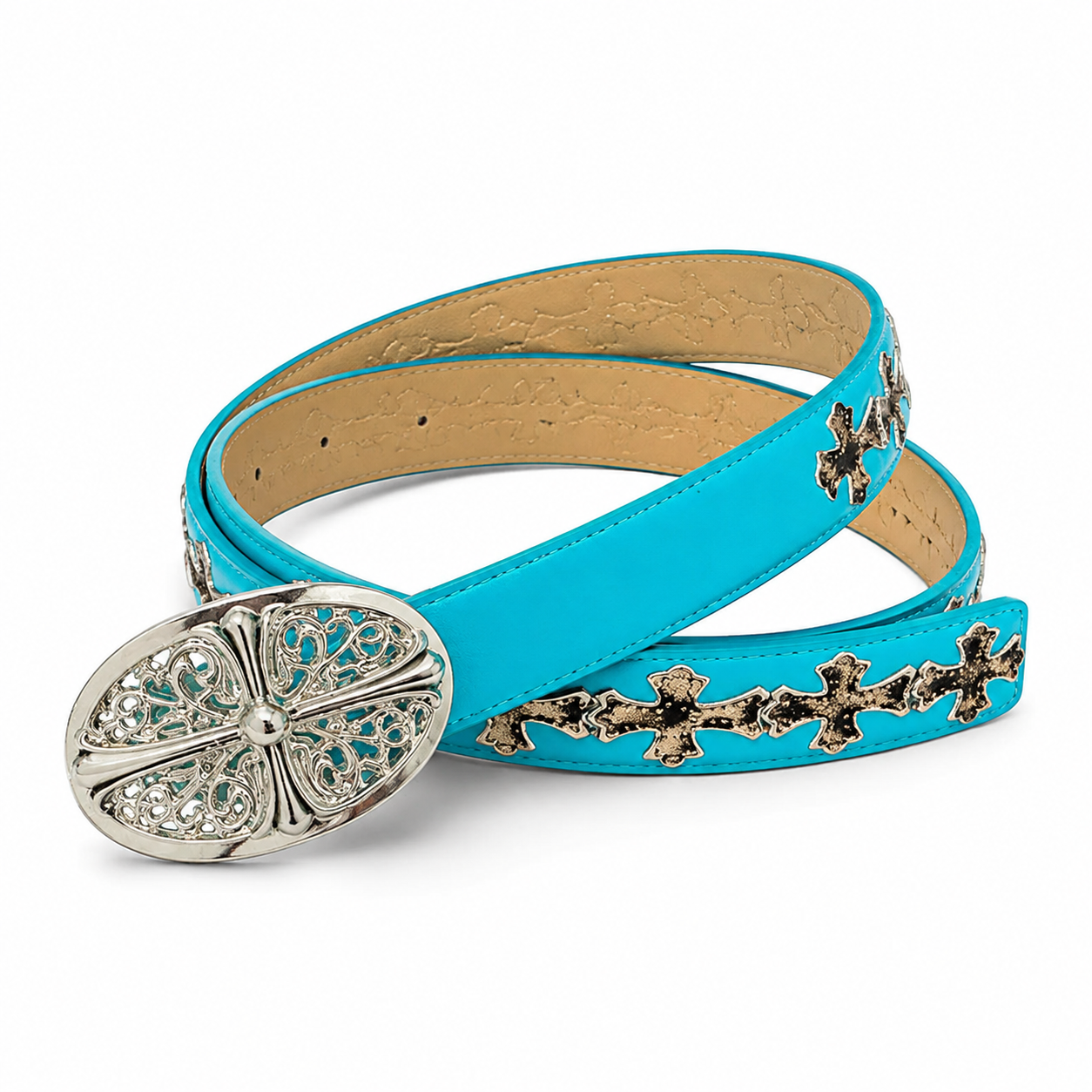 Turquoise belt with silver filigree oval buckle