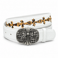 White pebbled belt with leopard crosses and gothic cross buckle