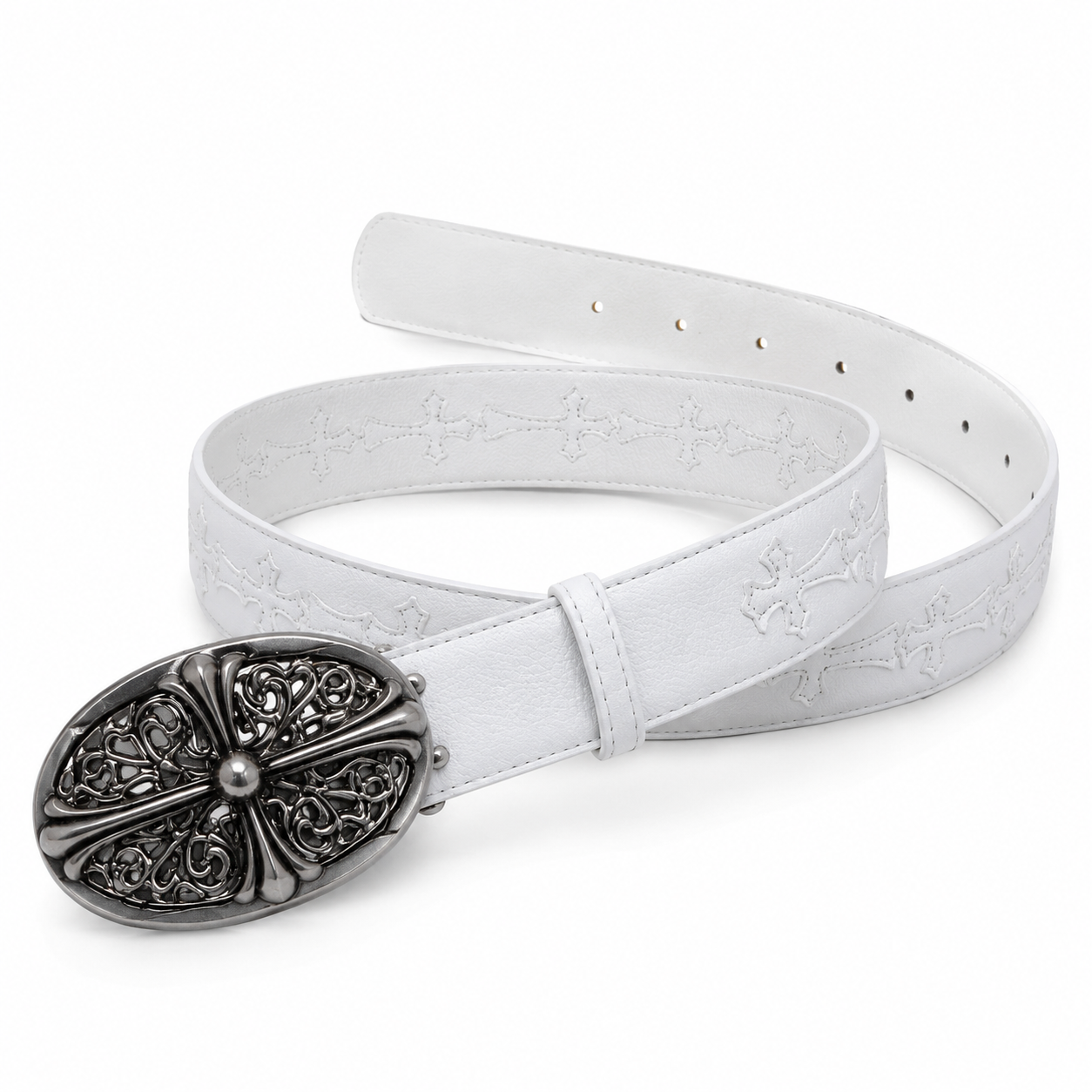White embossed cross belt with gunmetal filigree buckle