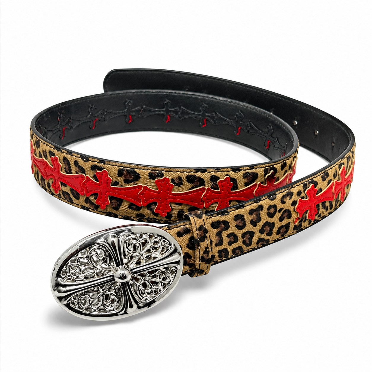 Leopard belt with red crosses and silver filigree buckle