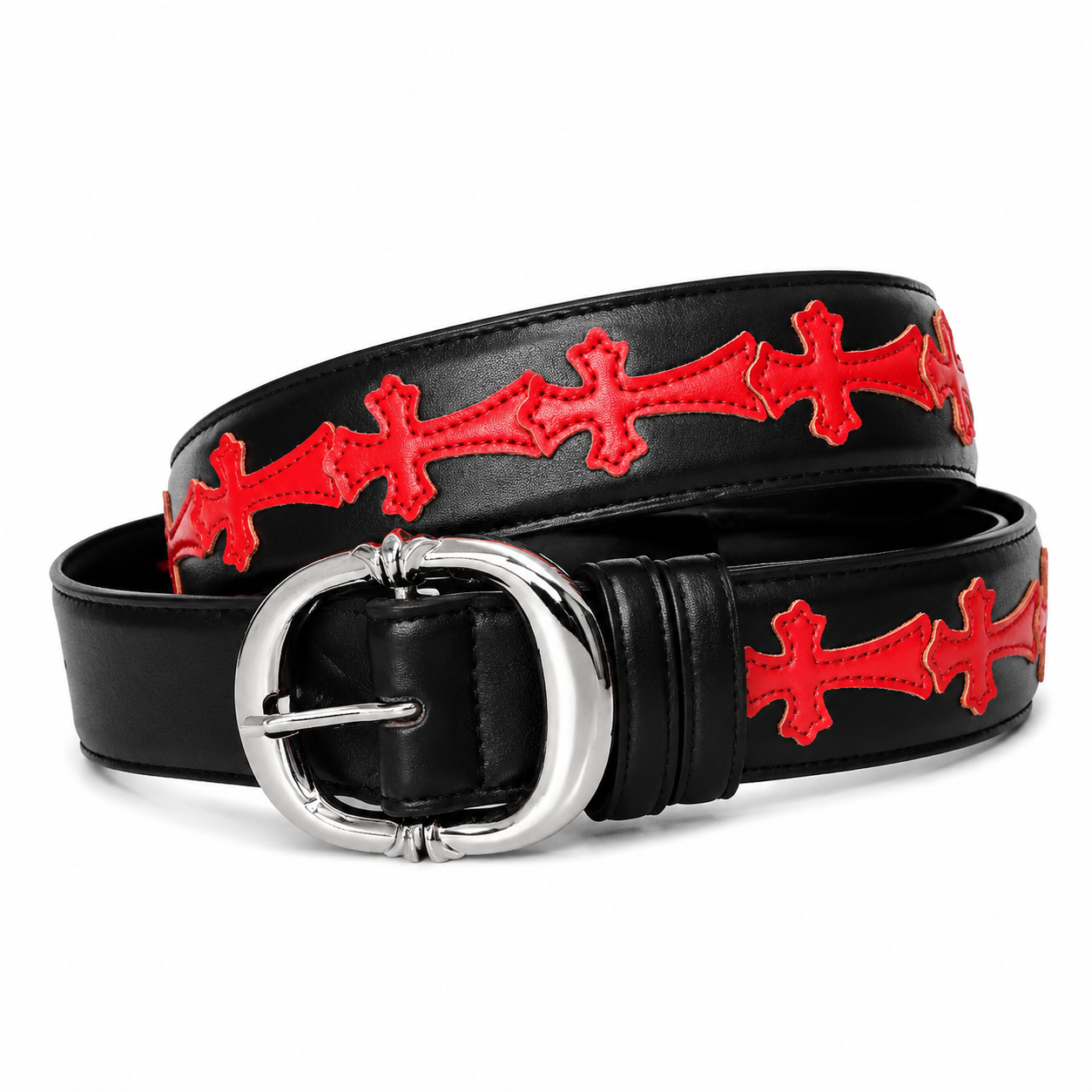 Black leather belt with red cross appliqués and silver horseshoe buckle