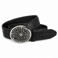 Black embossed cross belt with oval filigree buckle