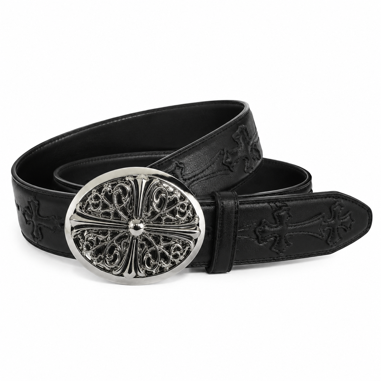 Black embossed cross belt with oval filigree buckle