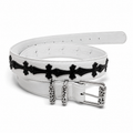 White belt with black crosses and silver roller buckle