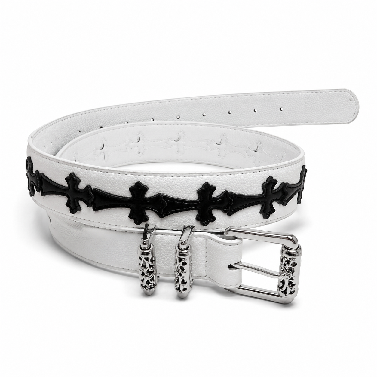White belt with black crosses and silver roller buckle