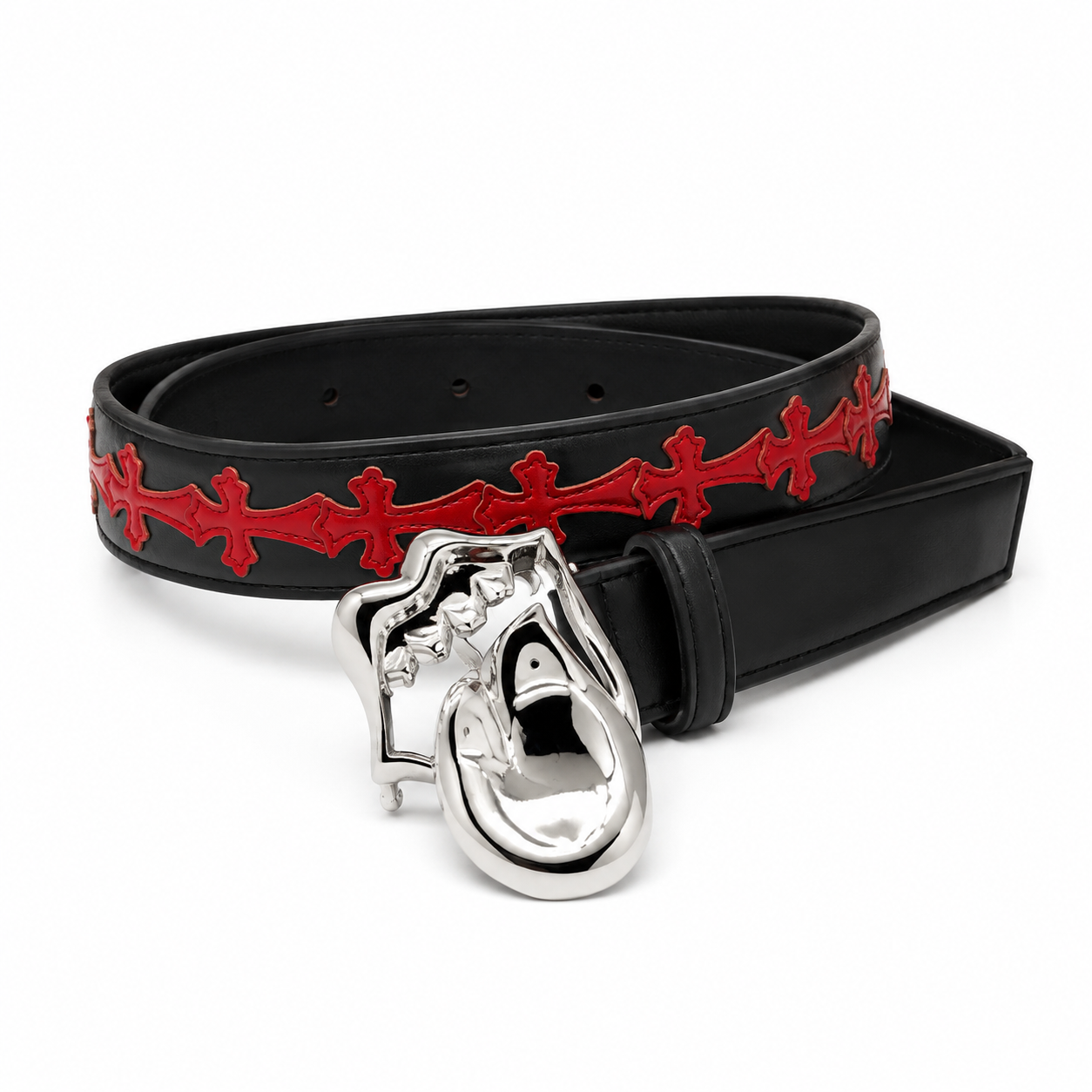 Black belt with red crosses and sculpted silver buckle