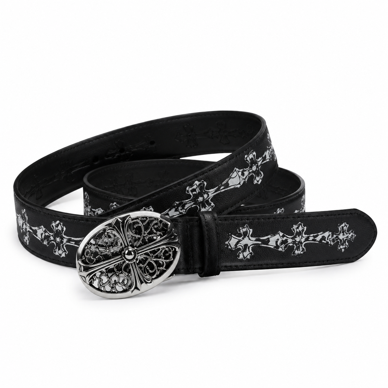 Black belt with white printed crosses and oval filigree buckle