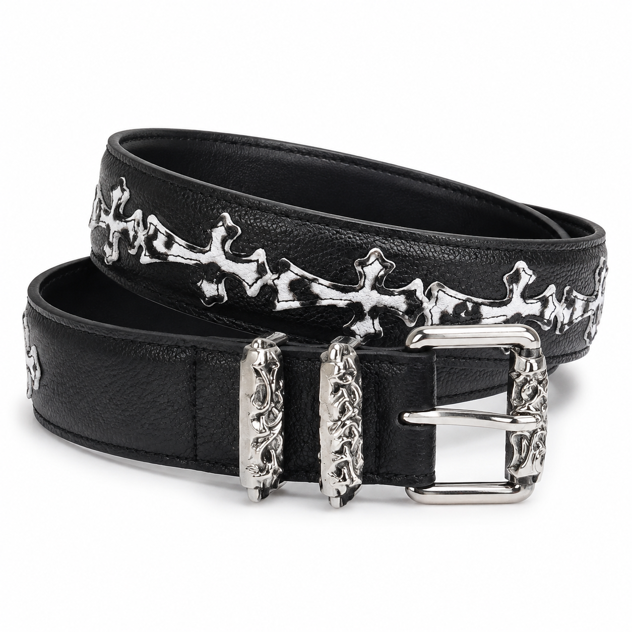 Black belt with leopard-fill crosses and roller buckle