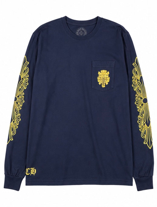 Navy gold dagger floral pocket long sleeve front