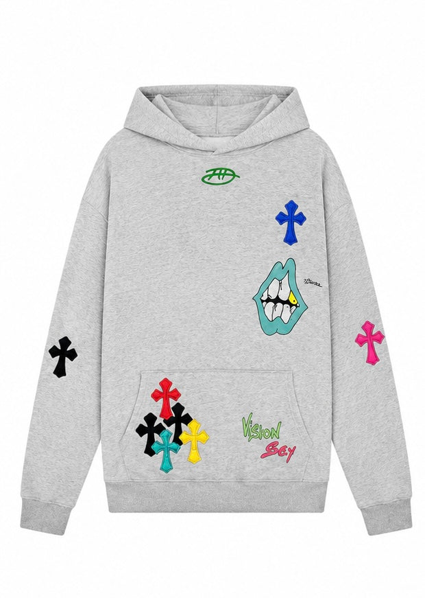 Grey cross patch hoodie front