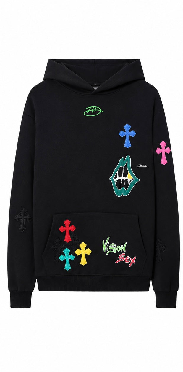 Black cross patch hoodie front