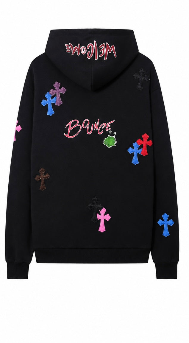 Black cross patch hoodie back