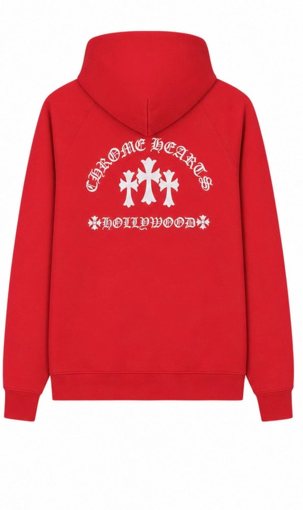 Red triple cross zip up hoodie back