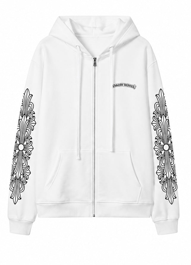 White floral cross zip up hoodie front