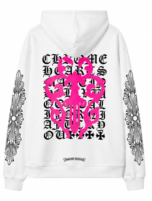 White floral cross zip up hoodie back
