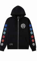 Black zip up hoodie with multicolour horseshoe sleeve prints