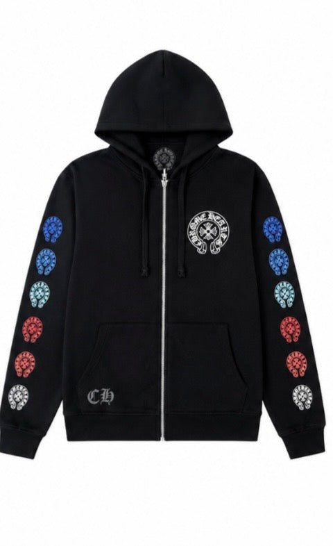 Black zip up hoodie with multicolour horseshoe sleeve prints