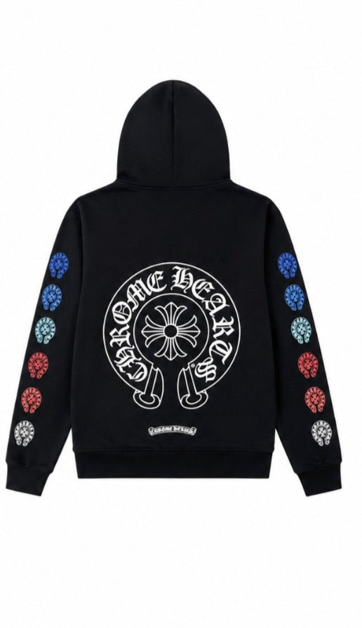 Back view of black multicolour horseshoe zip up hoodie
