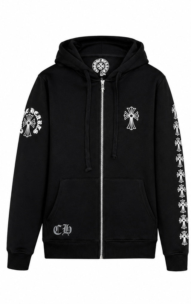 Black zip up hoodie with white cross column sleeves