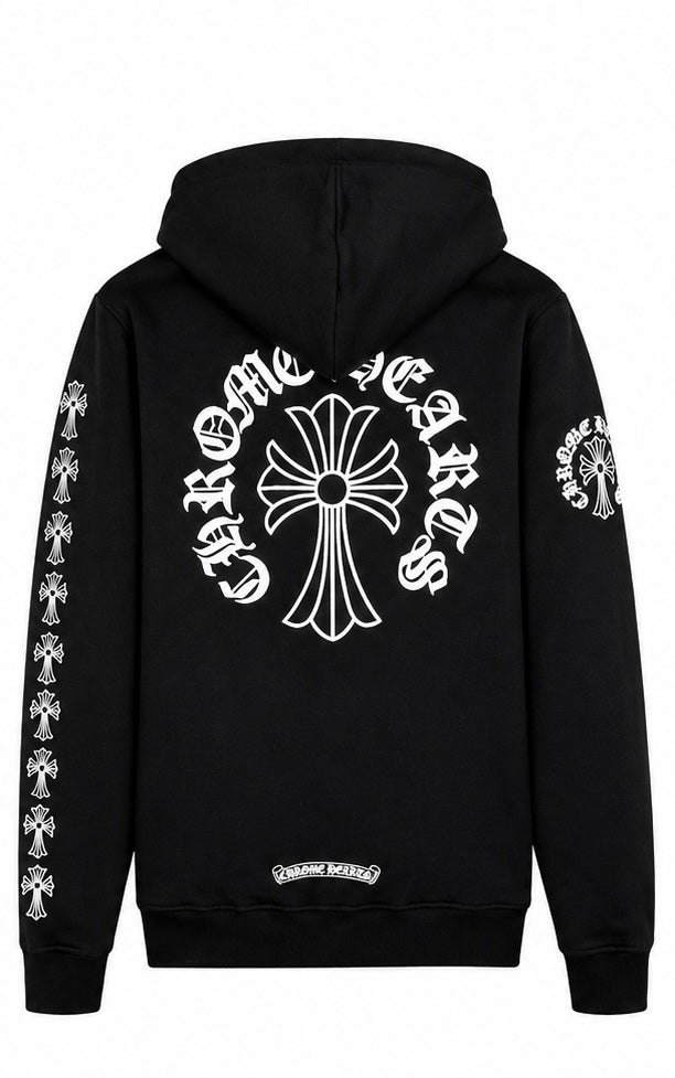 Back view of black cross column zip up hoodie