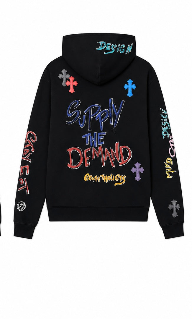 Back view of black graffiti hoodie with Supply The Demand print