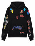Black graffiti print hoodie with multicolour crosses