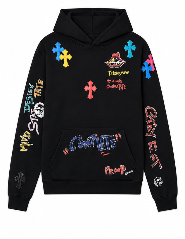 Black graffiti print hoodie with multicolour crosses