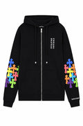 Black zip up hoodie with rainbow cross cluster sleeves