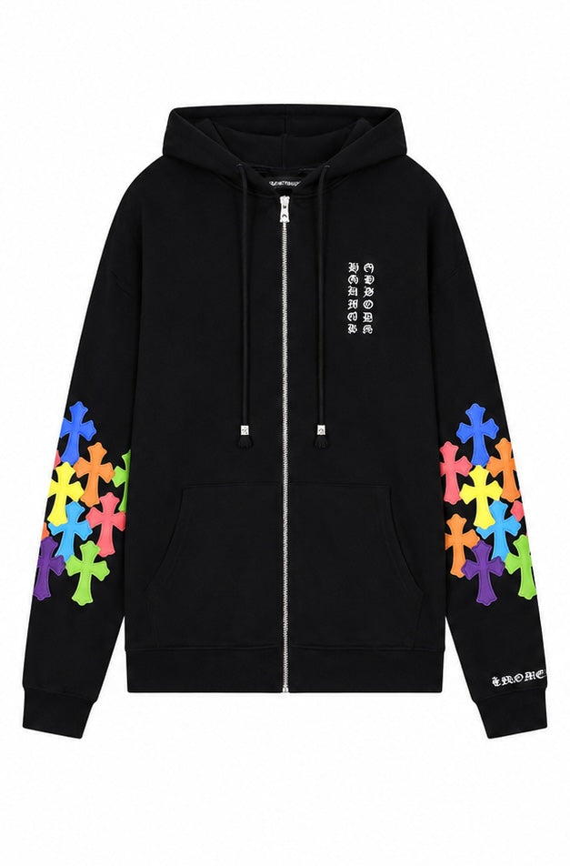 Black zip up hoodie with rainbow cross cluster sleeves