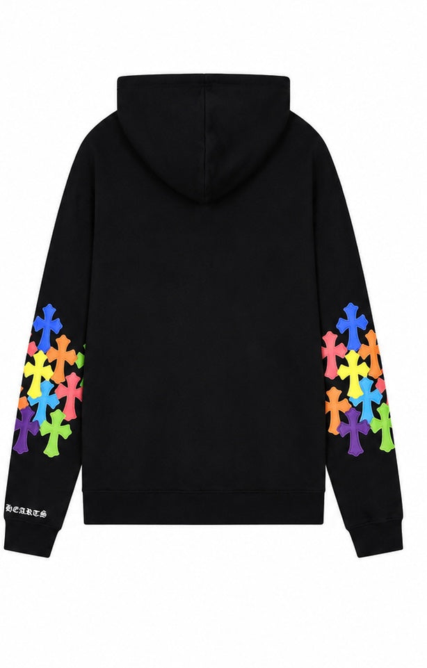 Back view of black rainbow cross cluster zip up hoodie