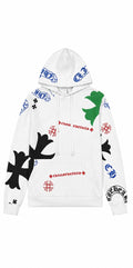 White hoodie with allover multicolour cross print