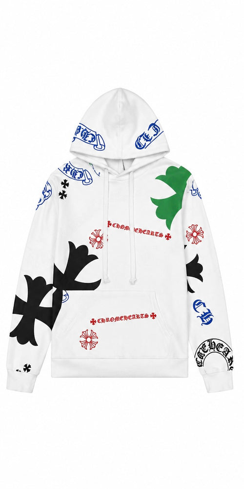 White hoodie with allover multicolour cross print