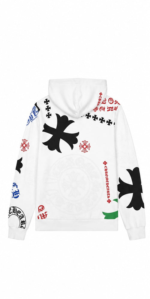 Back view of white allover cross print hoodie