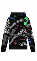 Black allover scroll cross hoodie front