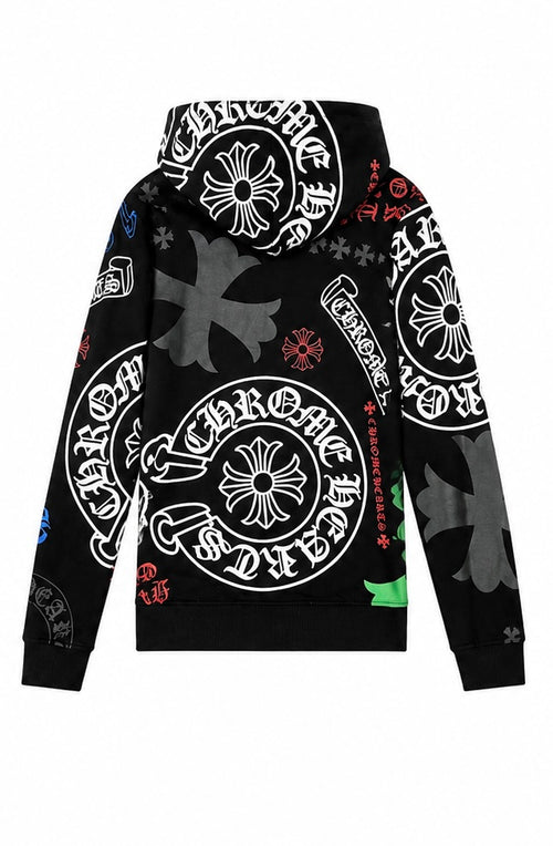 Black allover scroll cross hoodie back