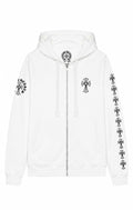 White cross sleeve zip up hoodie front