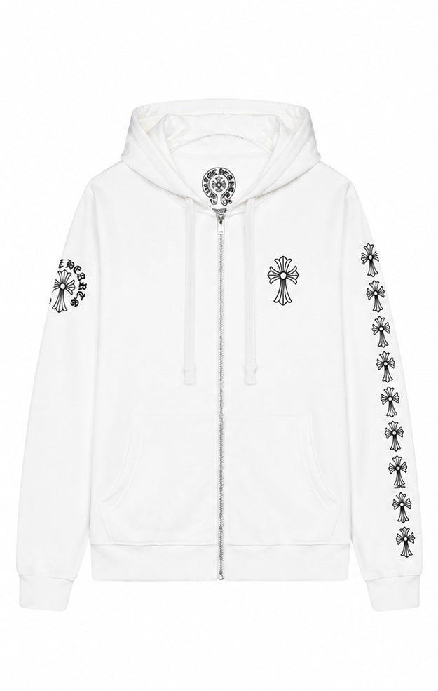 White cross sleeve zip up hoodie front