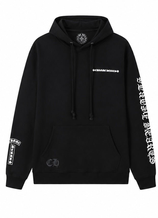 Black gothic sleeve script hoodie front