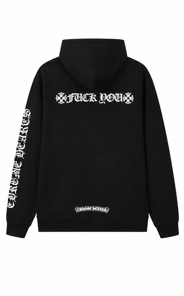 Black gothic sleeve script hoodie back