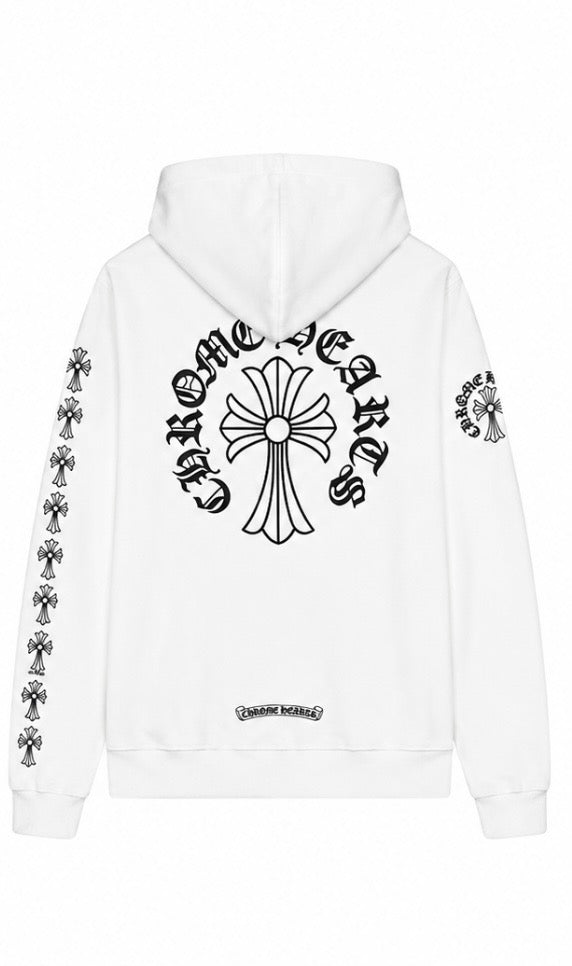 White cross sleeve zip up hoodie back